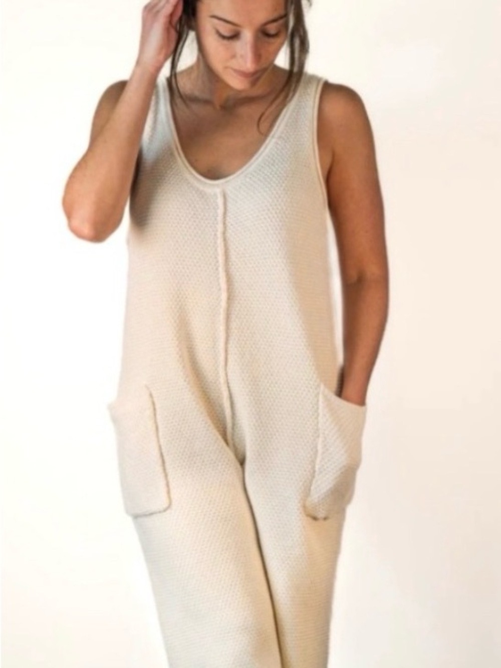 By Together Cream Sleeveless Knit Jumpsuit with Front Pockets